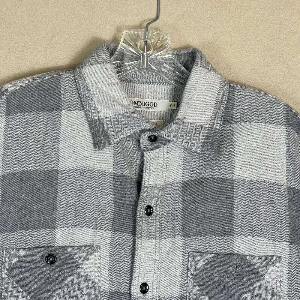 Omnigod Shirt‎ Mens 2 Gray Plaid Flannel Long Sleeve Cotton Made In Japan